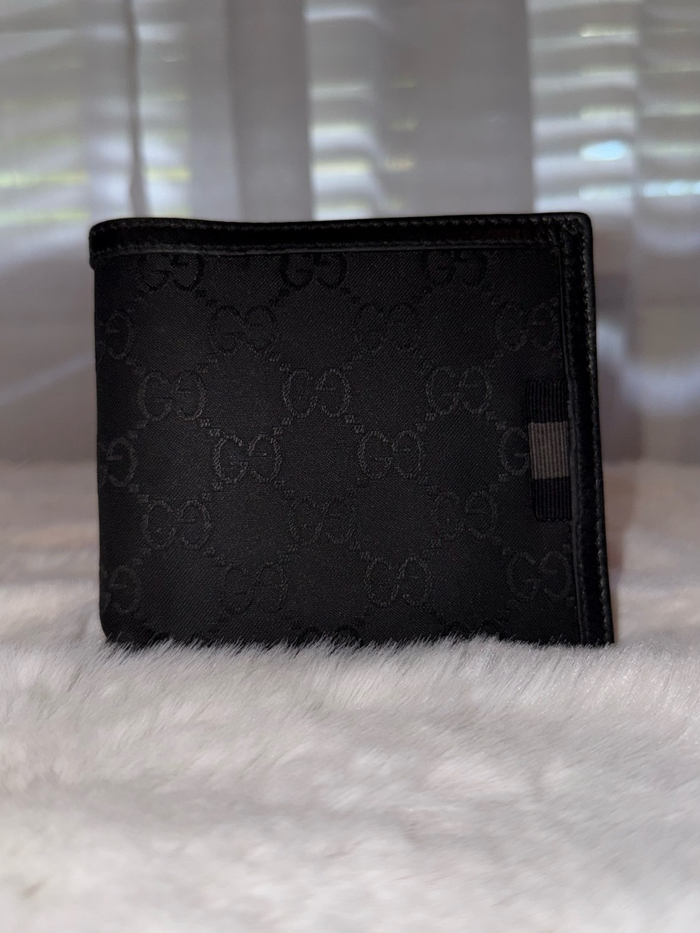 Gucci Black Monogram Nylon Bifold Wallet with Leather Trim and Web Detail